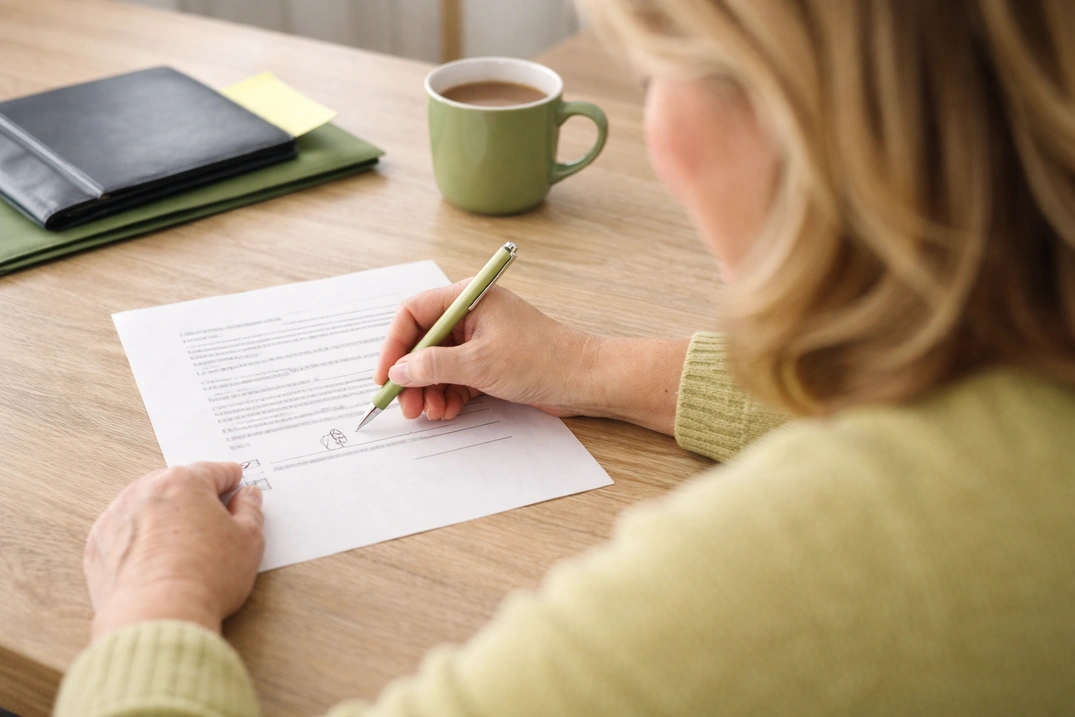 Жінка підписує договір на роботу опікункою в Німеччині.