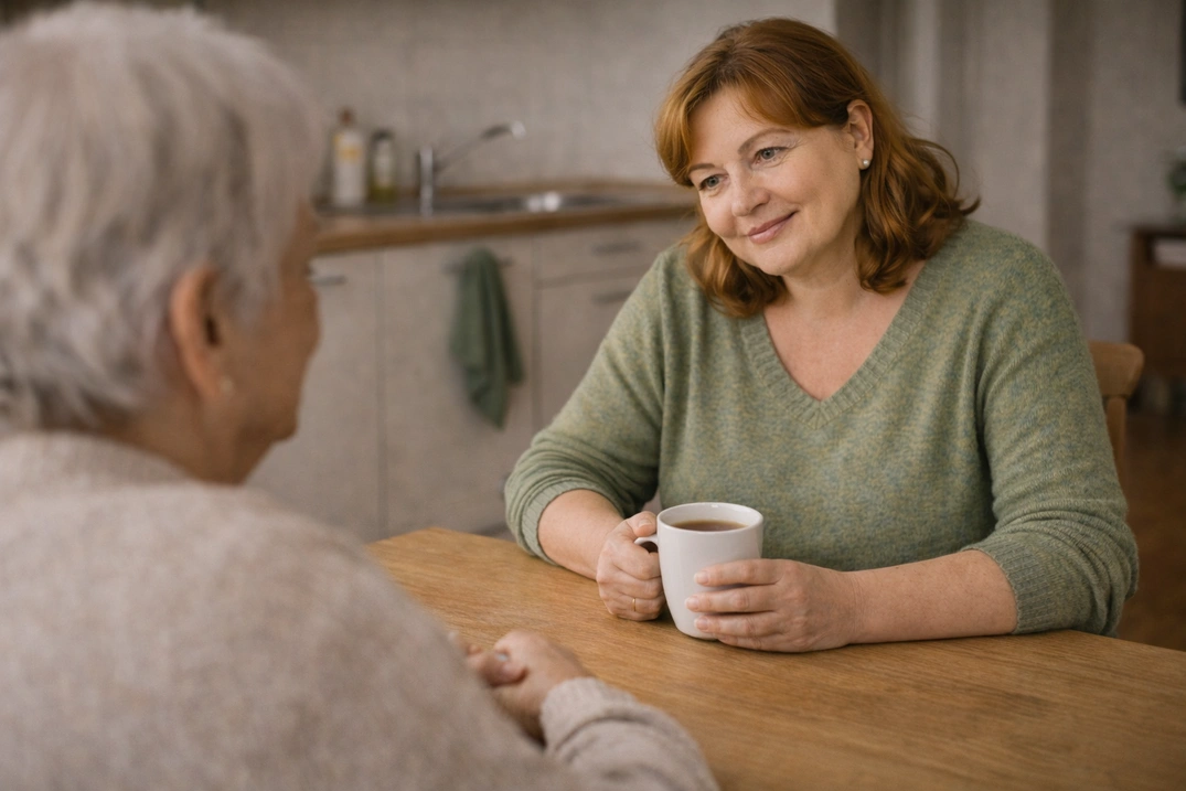Доглядальниця літніх людей пиє чай з підопічною на кухні.