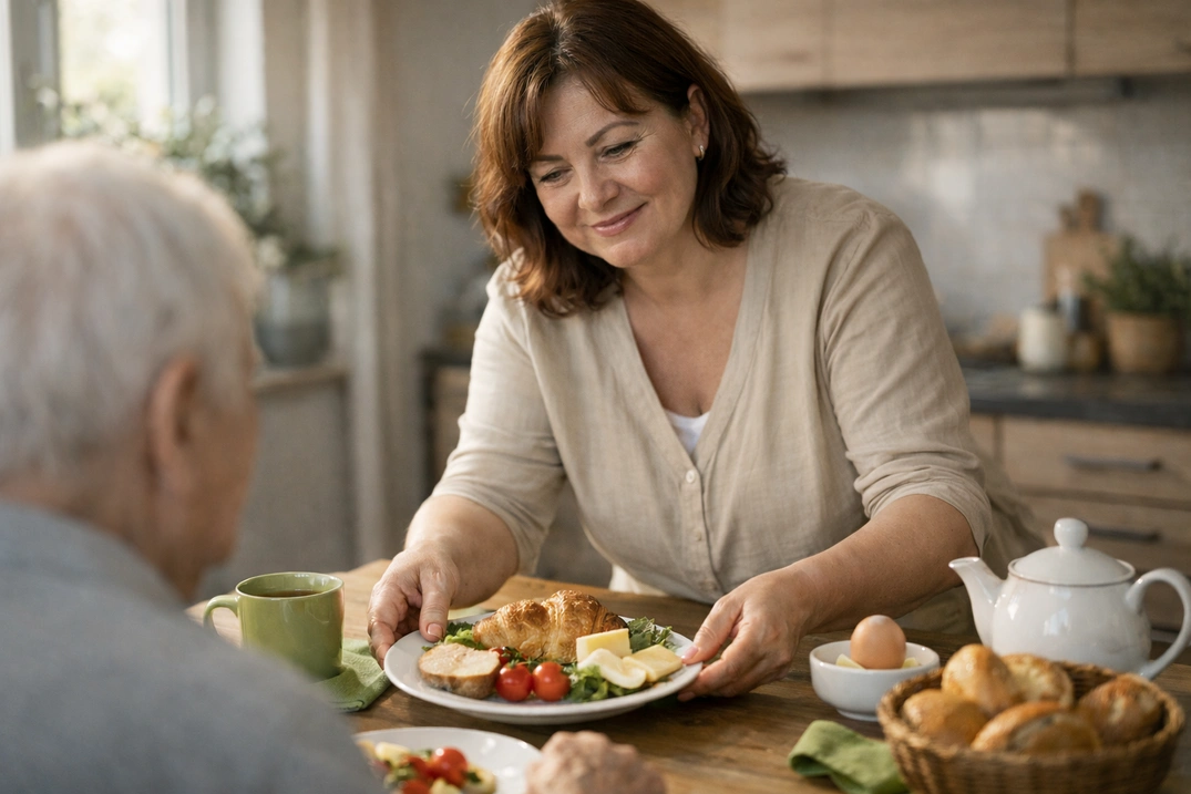 Доглядальниця робить сніданок для літньої жінки