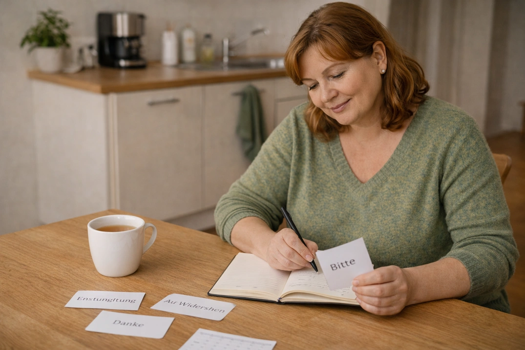 Жінка вивчає німецьку мову для роботи доглядальницею в Німеччині.