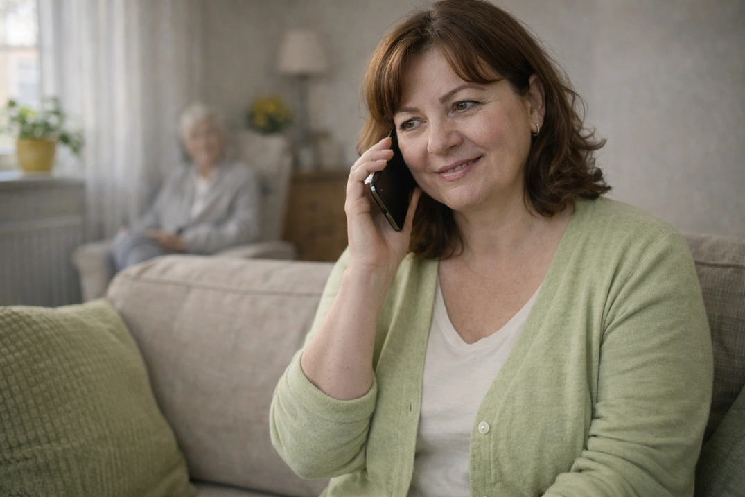 Опікунка в Німеччині розмовляє по телефону з координатором