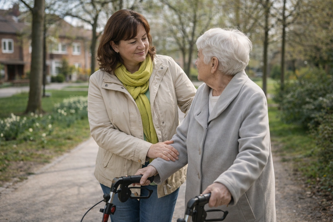 Доглядальниця на прогулянці з літньою жінкою в Німеччині.
