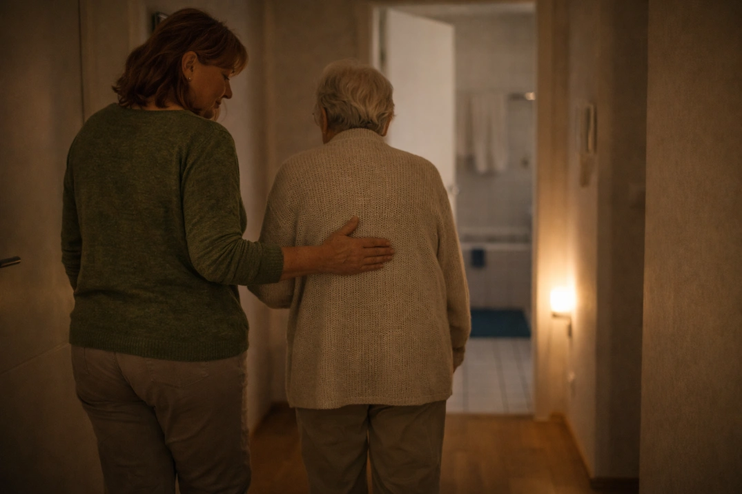 Доглядальниця підтримує літню жінку приходьбі