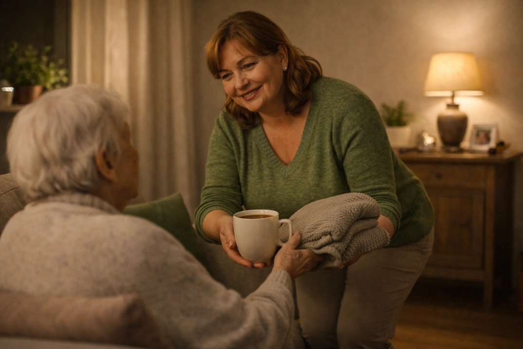 Доглядальниця подає чай літній жінці