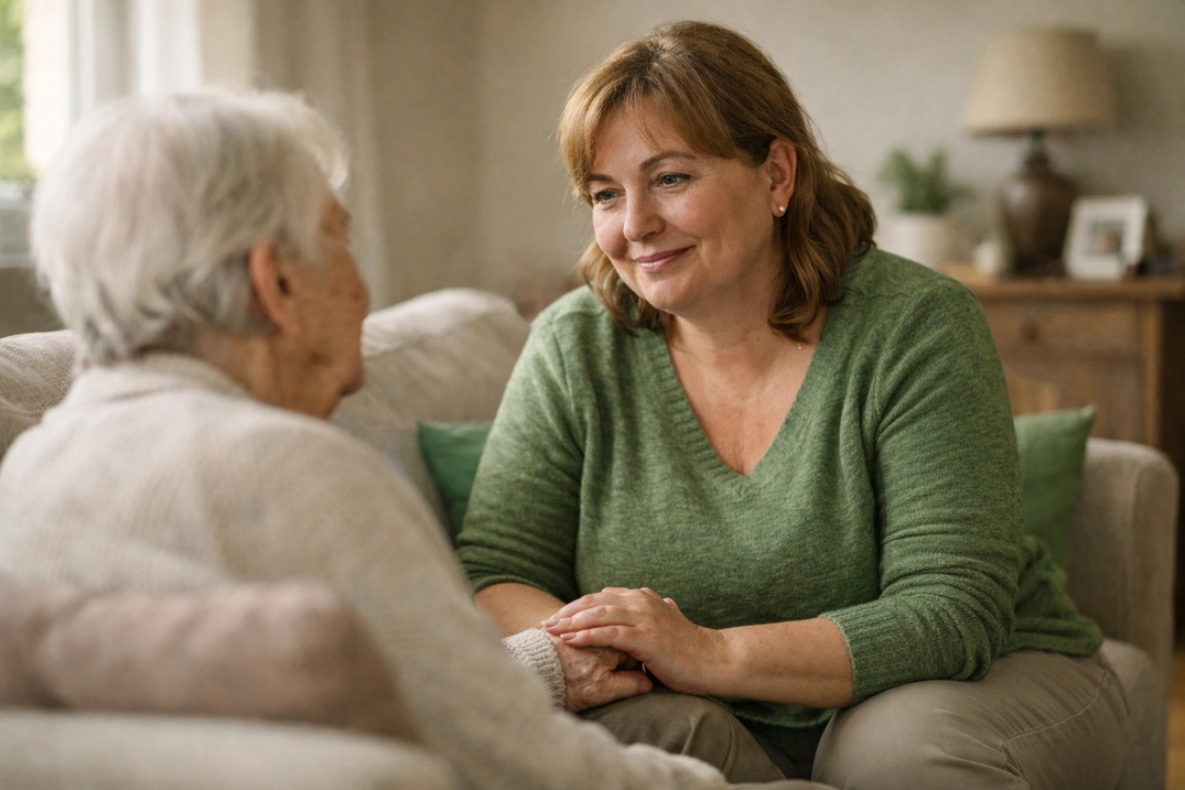 Доглядальниця розмовляє з літньою жінкою на дивані.