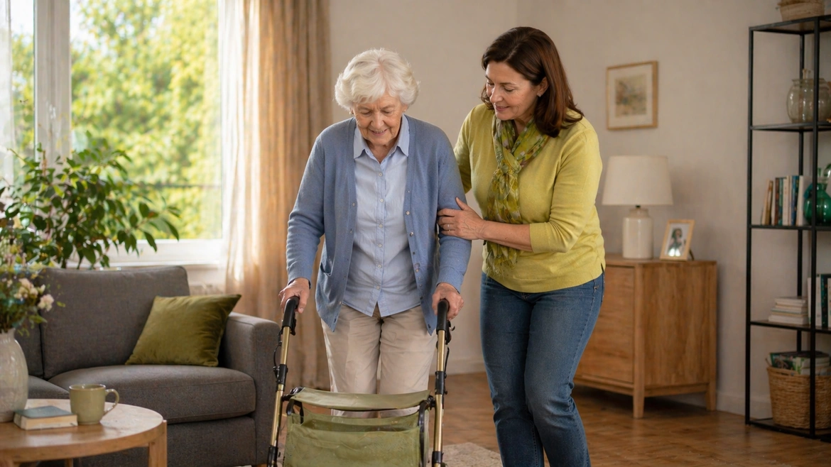 Доглядальниця допомогає літній жінці пересуватися з ходунками