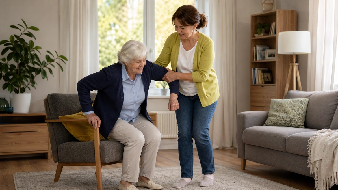 Доглядальниця підтримує літню жінку при ходьбі