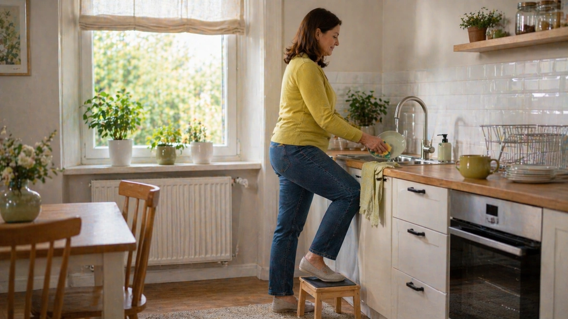 Доглядальниця літніх людей миє посуд